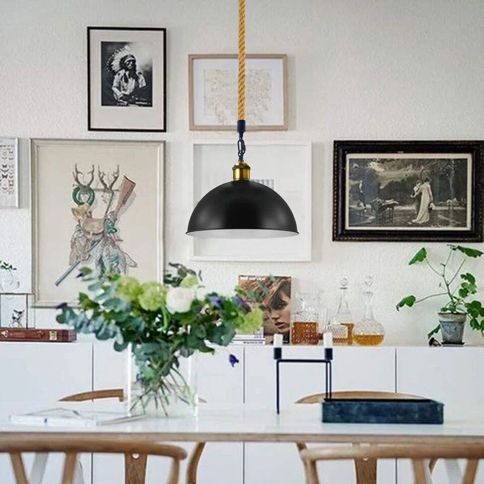 Retro ceiling lamp hanging from a metal dome with hemp rope and a vintage lantern shade.