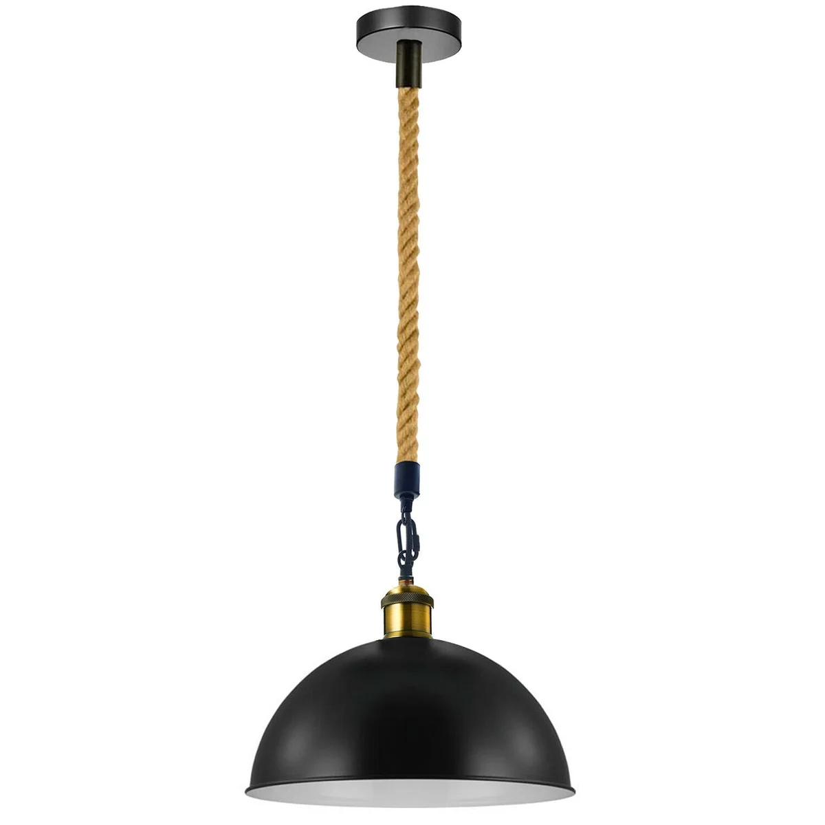 Vintage metal lampshade light with hemp rope and clear dome shade, classic retro pendant for kitchen or dining.