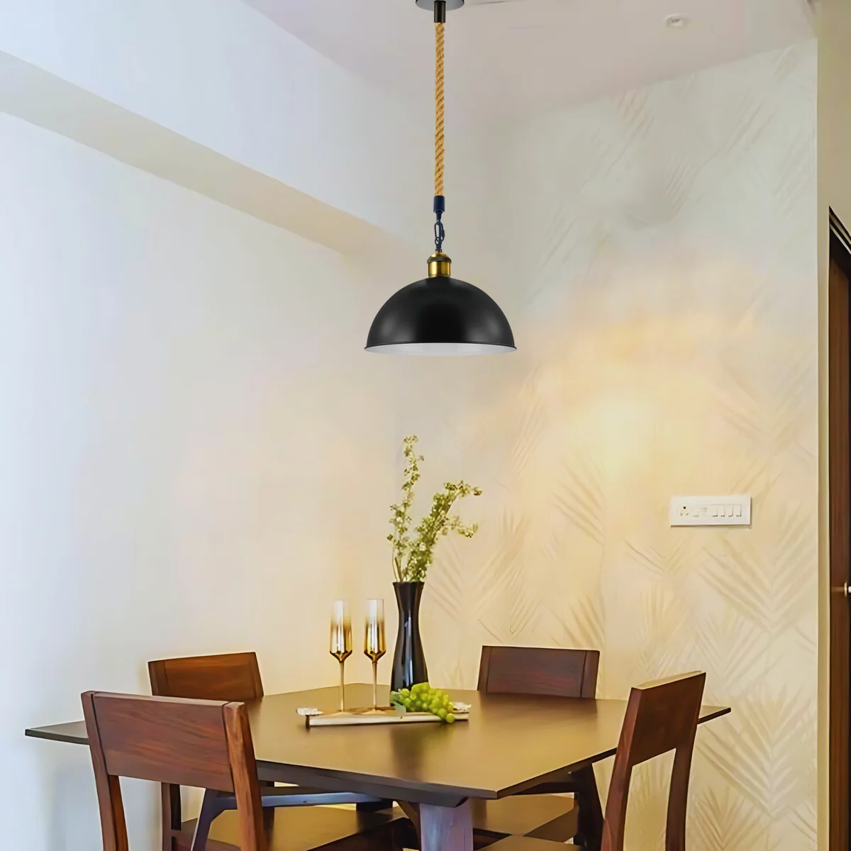 Vintage hemp rope candle‑shaped cafe pendant light with metal lampshade hanging from a simple metal holder