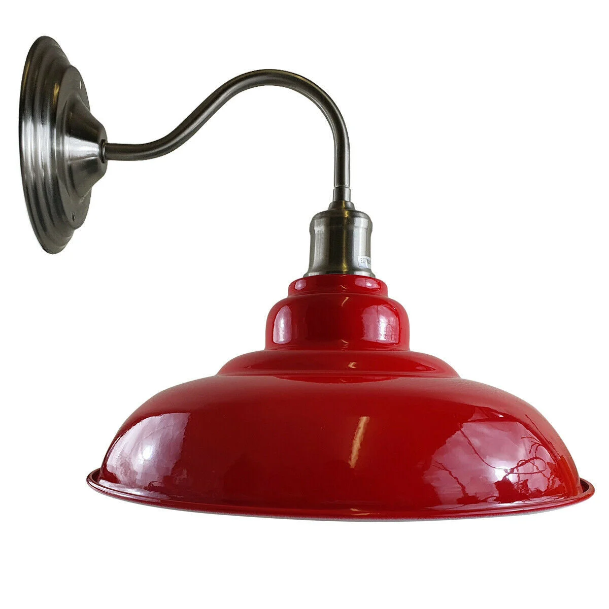 Red modern industrial wall light with matte finish, metal body and white interior hood, 32 cm diameter, 13.5 cm height.