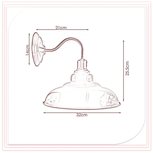 Red metal wall lamp: matte finish, 32 cm diameter bowl, white inside hood, metal arm 17 cm, simple modern design.