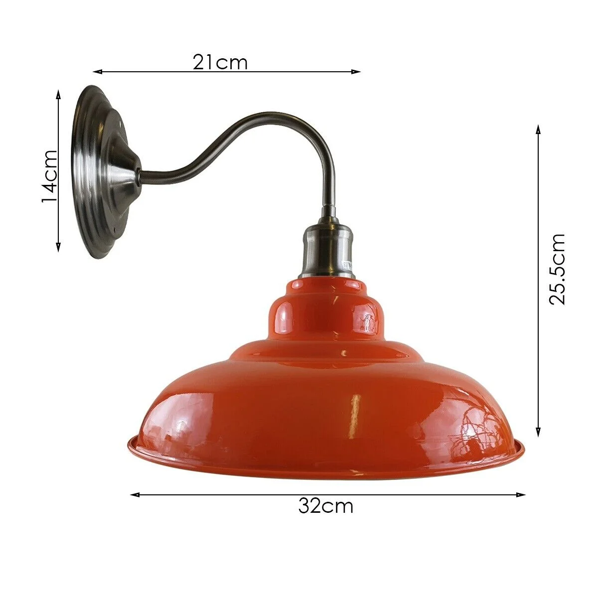 Red matte indoor lounge lighting wall lamp, white hood, 32cm bowl, 13.5cm height, 17cm arm, 14cm ceiling plate