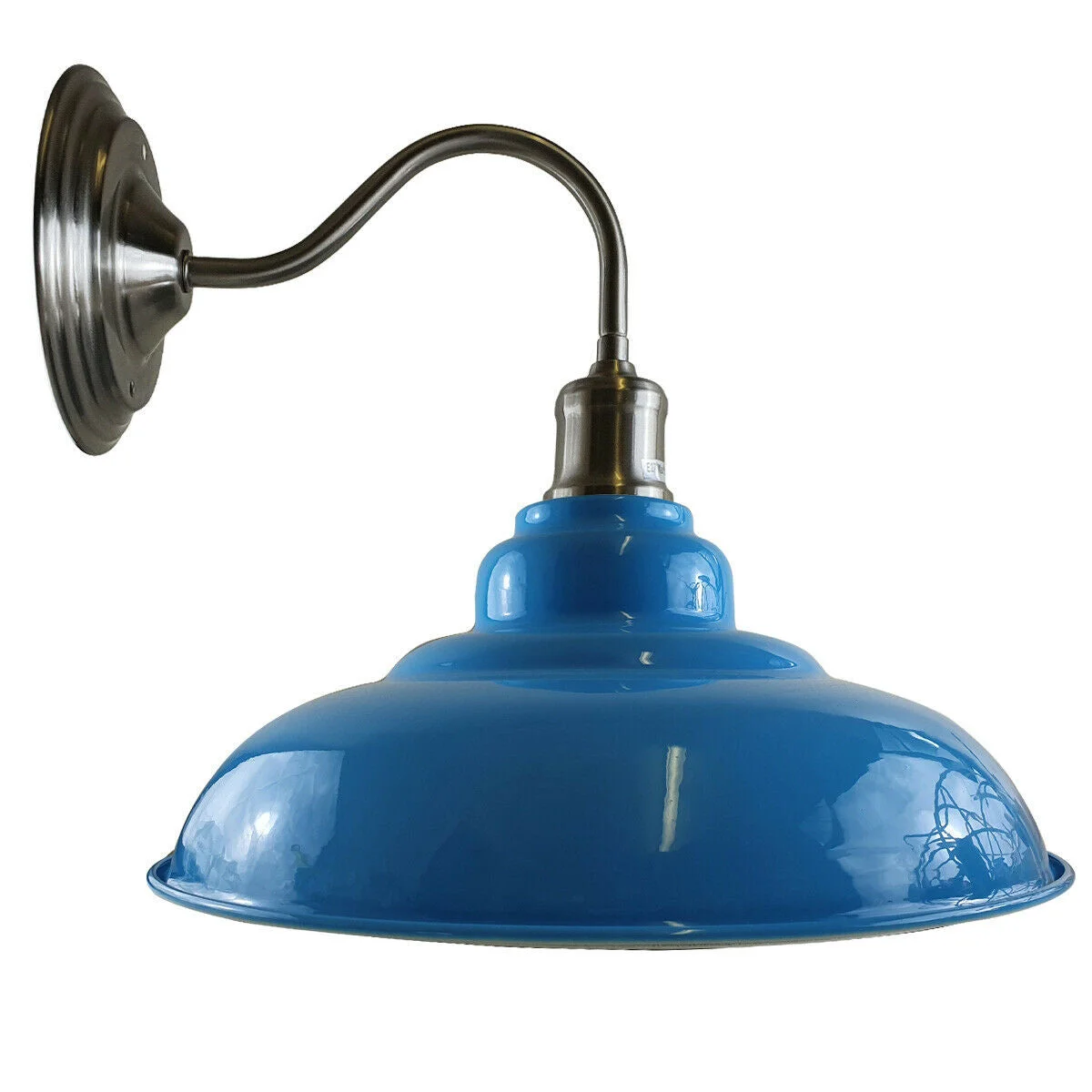 Modern industrial wall light on a 17 cm arm, light blue matte metal bowl with a white hood inside, mounted on a wall.