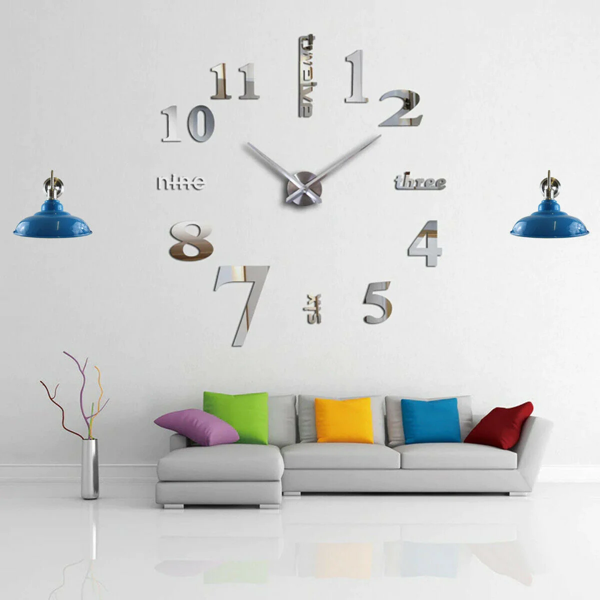 Light blue painted metal wall lamp with bowl design, white inner hood, 32 cm diameter shade and 13.5 cm height