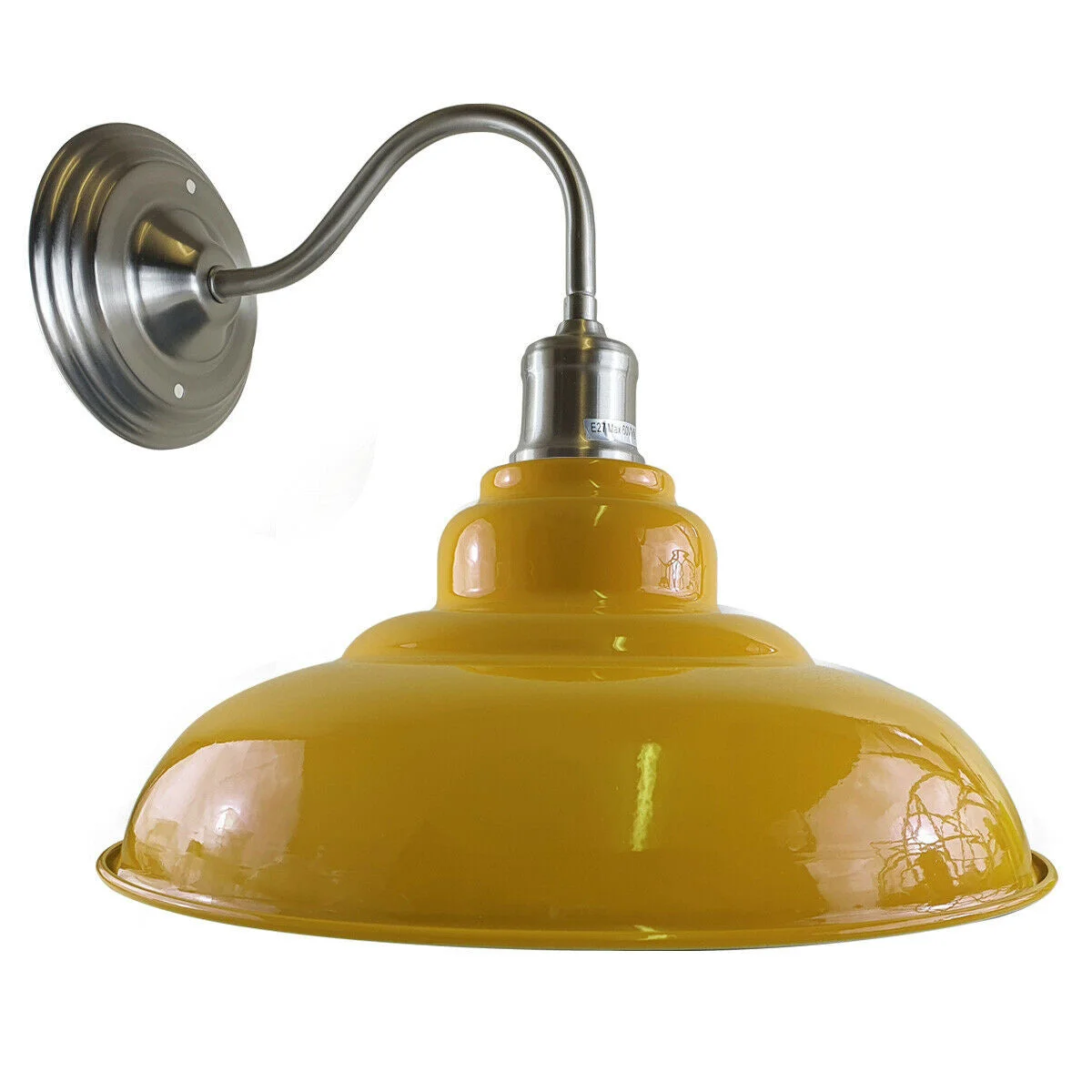 Yellow modern industrial wall light, metal bowl shade, matte finish, white hood, 32cm diameter.