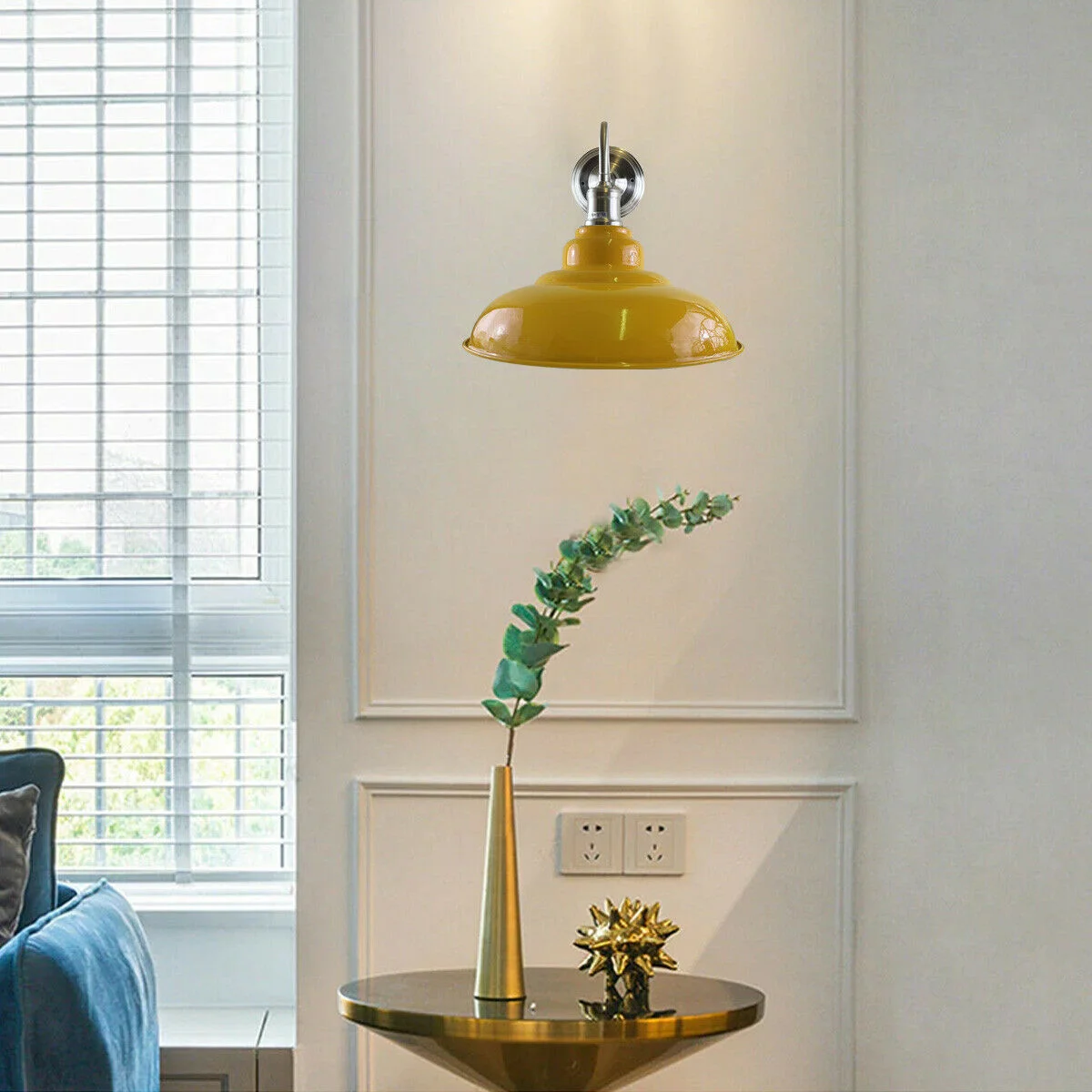 Yellow metal indoor wall light with a bowl‑shaped matte metal shade, white hood interior, 32cm diameter, 13.5cm tall.