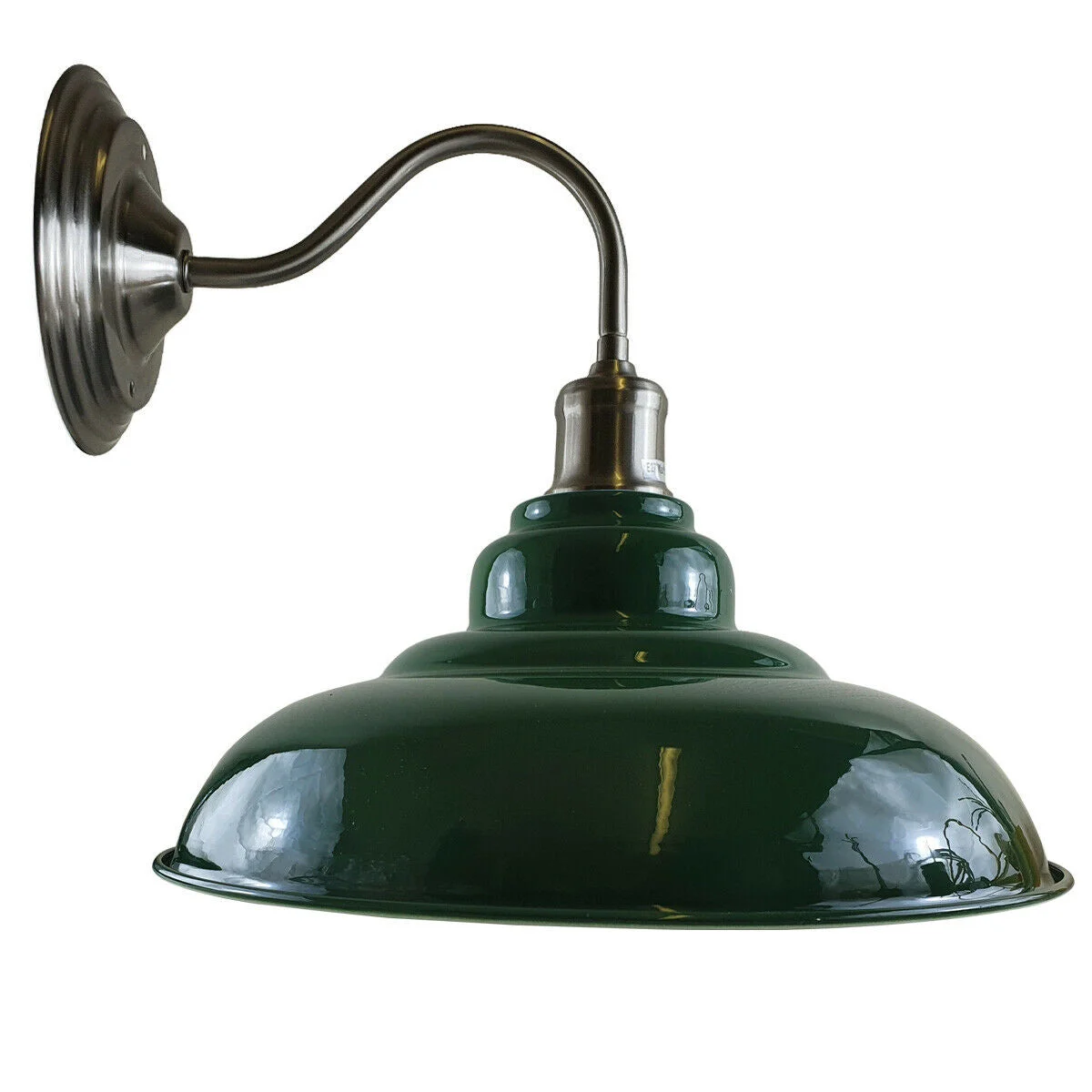 Green modern industrial wall light with sleek matte metal bowl and white interior shade, 32 cm diameter, 13.5 cm tall