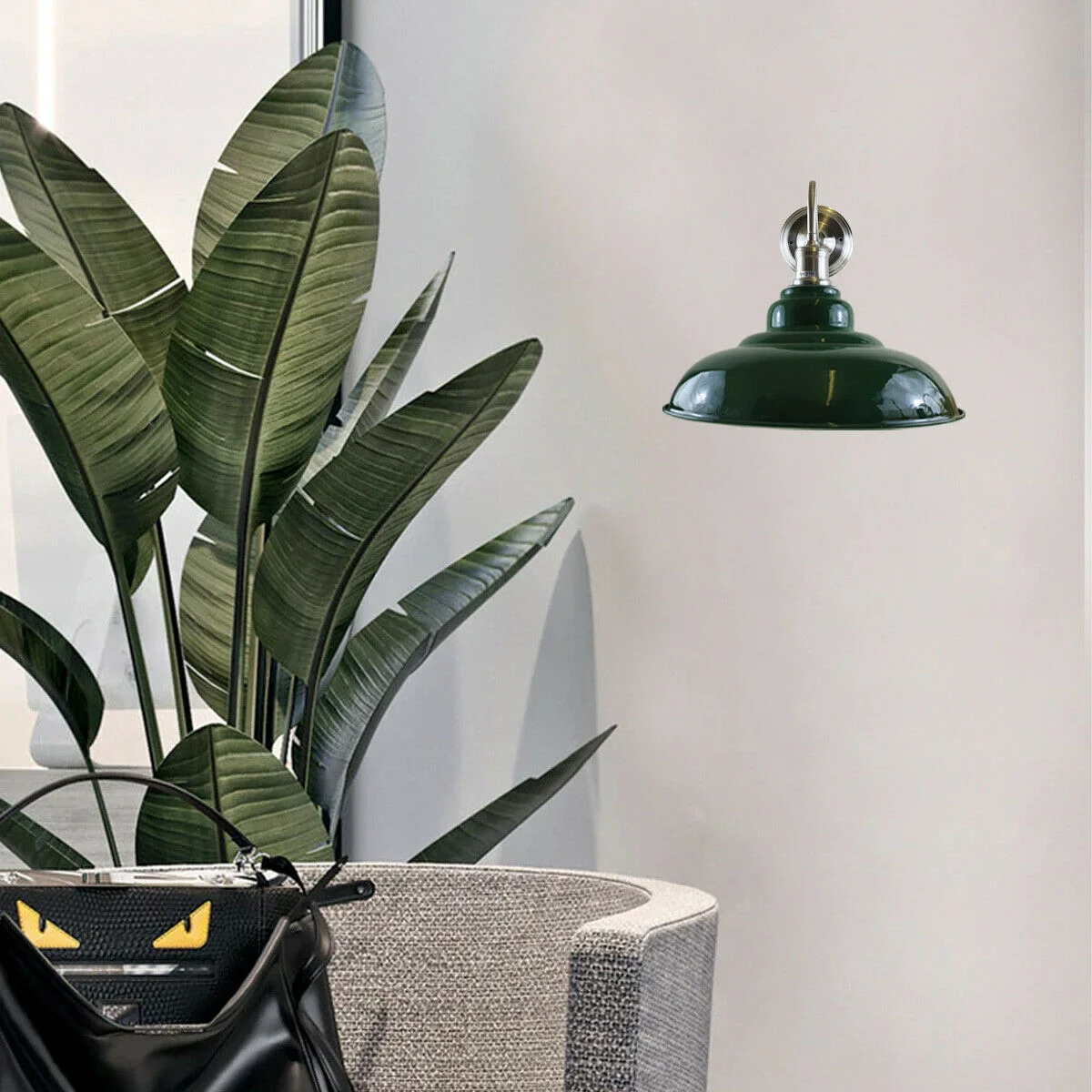 Green matte metal indoor wall light with white hood, sleek bowl sconces, 32 cm diameter, 13.5 cm height, industrial style.