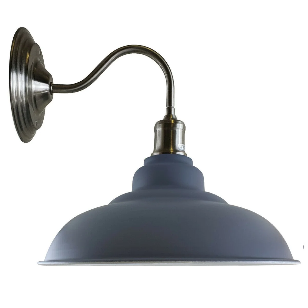 Grey modern industrial wall light with matte finish, white hood, 32 cm diameter bowl, 13.5 cm height, 17 cm arm.