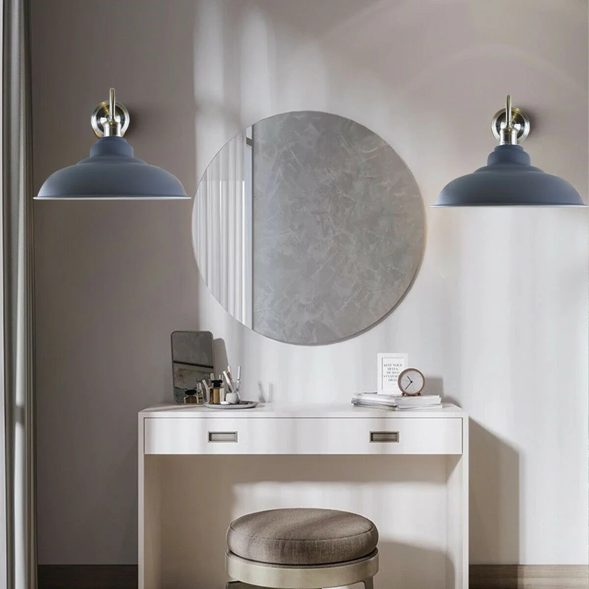 Metal wall sconce in grey, matte finish, bowl shape with white interior hood, 17cm arm, modern industrial look.
