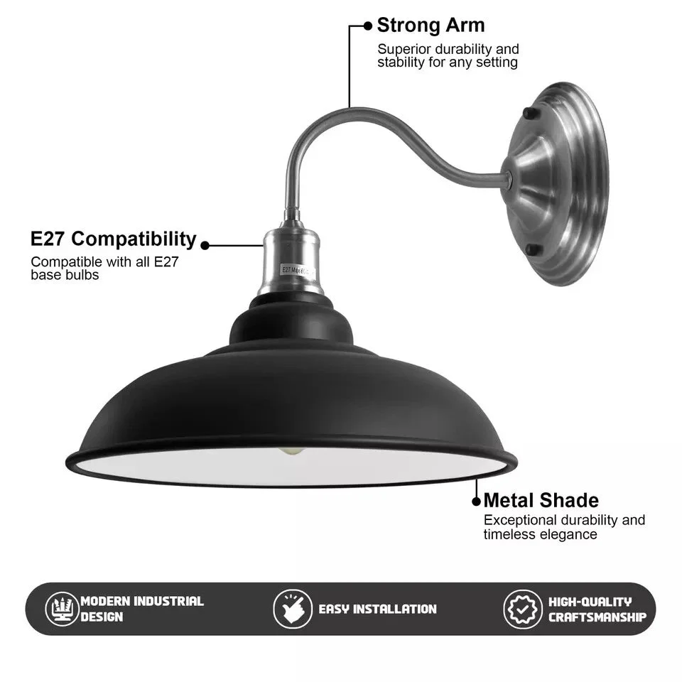 Black metal goose‑neck industrial wall lamp with 32 cm shade, vintage retro style