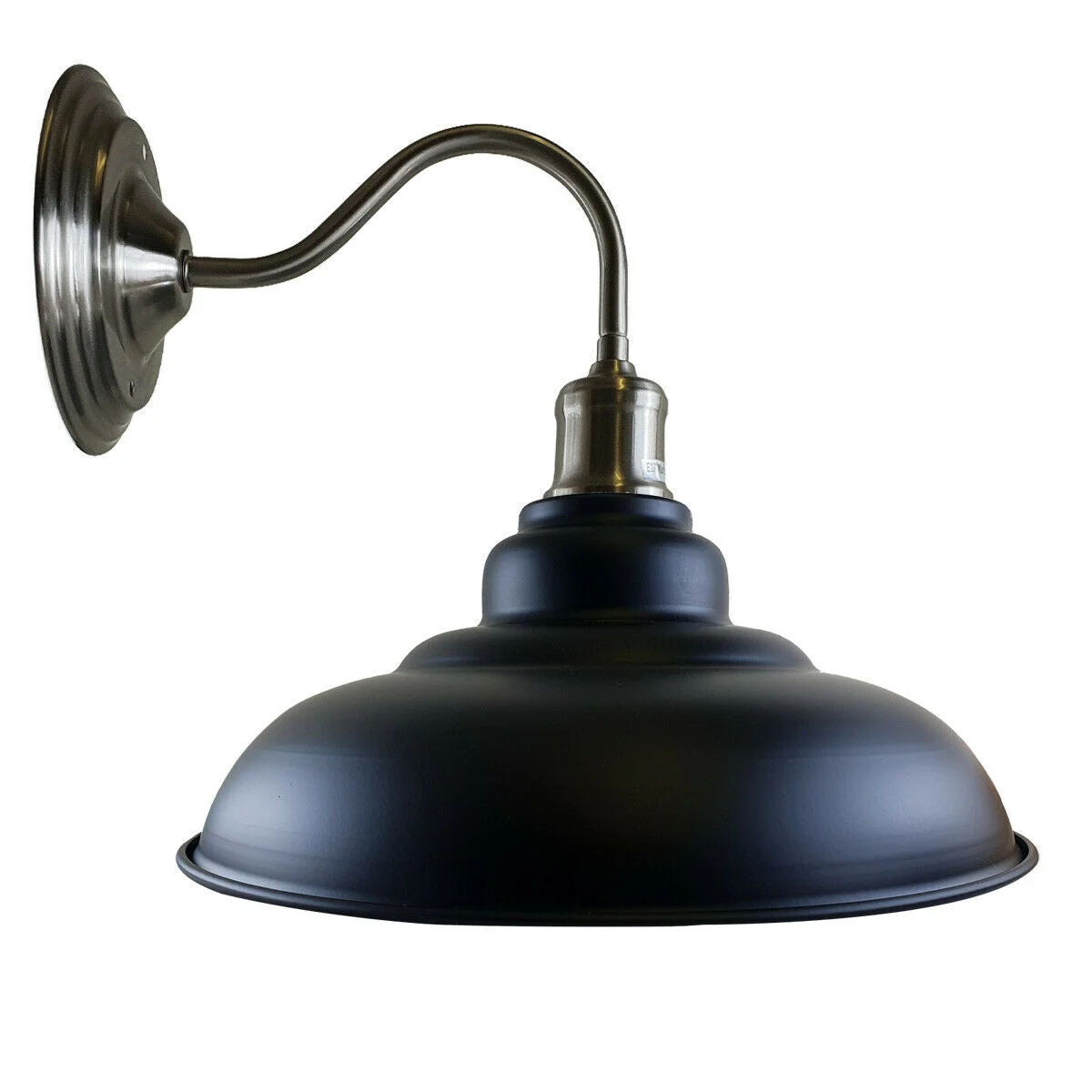 Black goose‑neck sconce, vintage metal wall light with thickened black metal shade, 32 cm diameter, wall‑mounted.