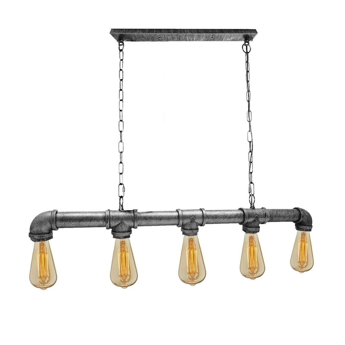 5‑way vintage steampunk industrial pendant light with metal pipes, adjustable chains, in black finish.