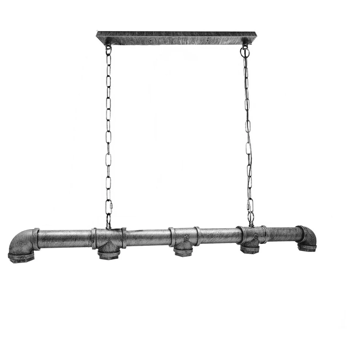 5‑way steampunk chandelier hanging from ceiling, featuring five metal water‑pipe lights on adjustable chains, black finish.