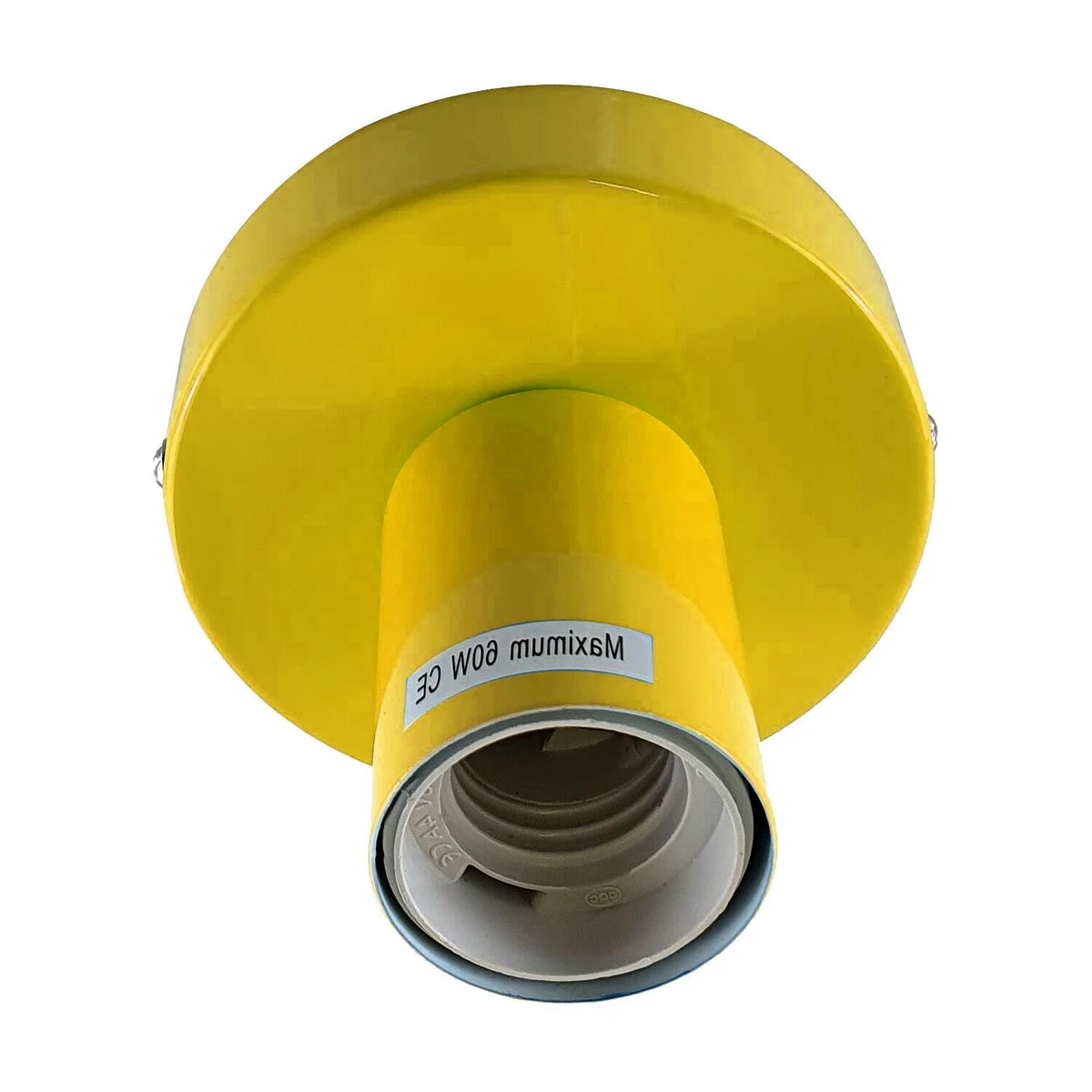 Yellow flush ceiling light fitting with 10 cm by 2.5 cm metal base, E27 socket, mounted flush against ceiling.