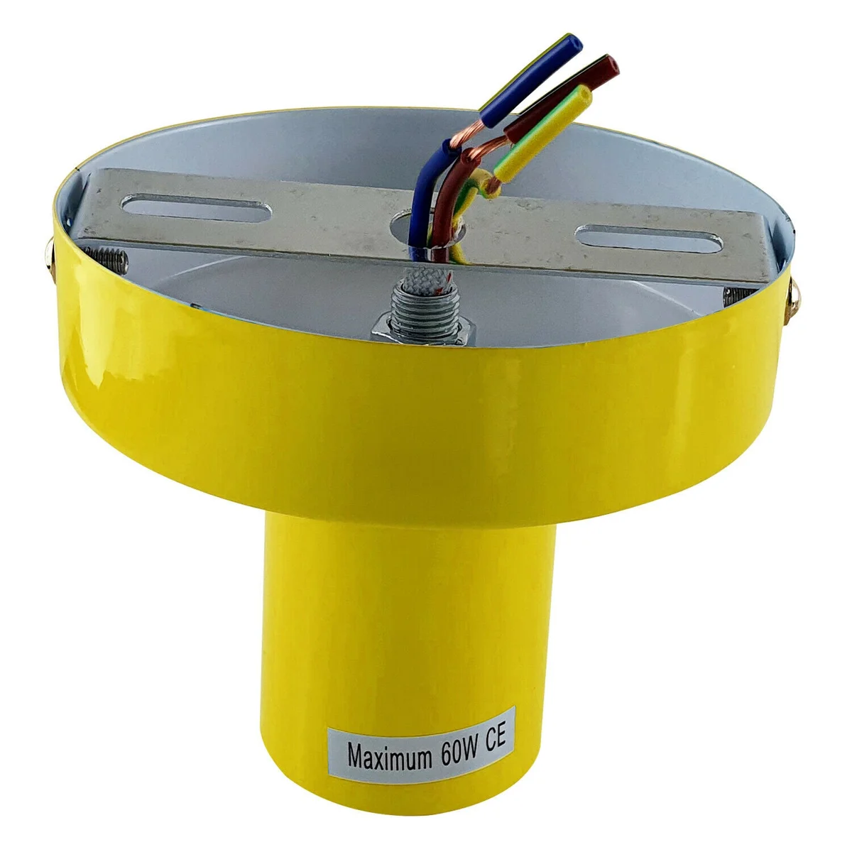 Yellow metal ceiling light with flush mounting, compact 10cm x 2.5cm design and E27 lamp base.