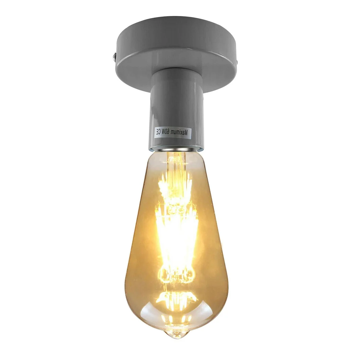 Grey ceiling light, flush‑mount industrial fixture with metal frame and E27 socket, vintage style.
