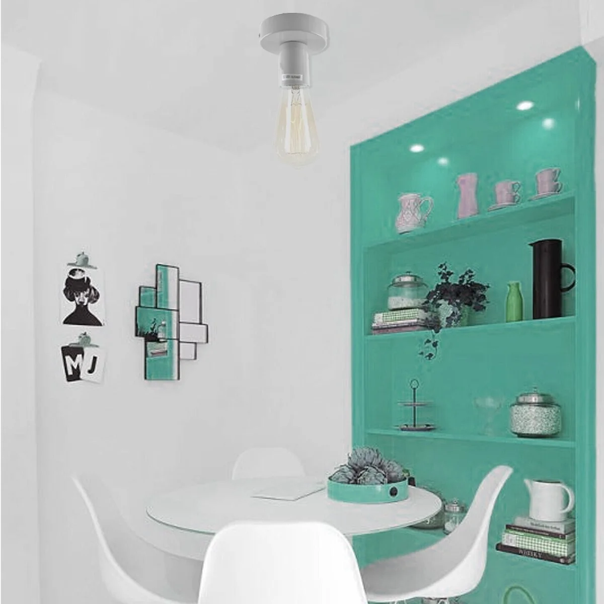 Grey industrial flush mount ceiling light with E27 base, sleek metal plate on ceiling.