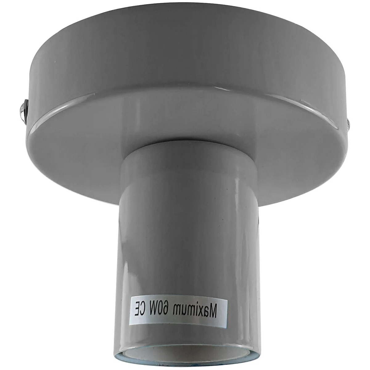 Grey flush mount ceiling light with metal mounting plate and E27 base, installed on ceiling