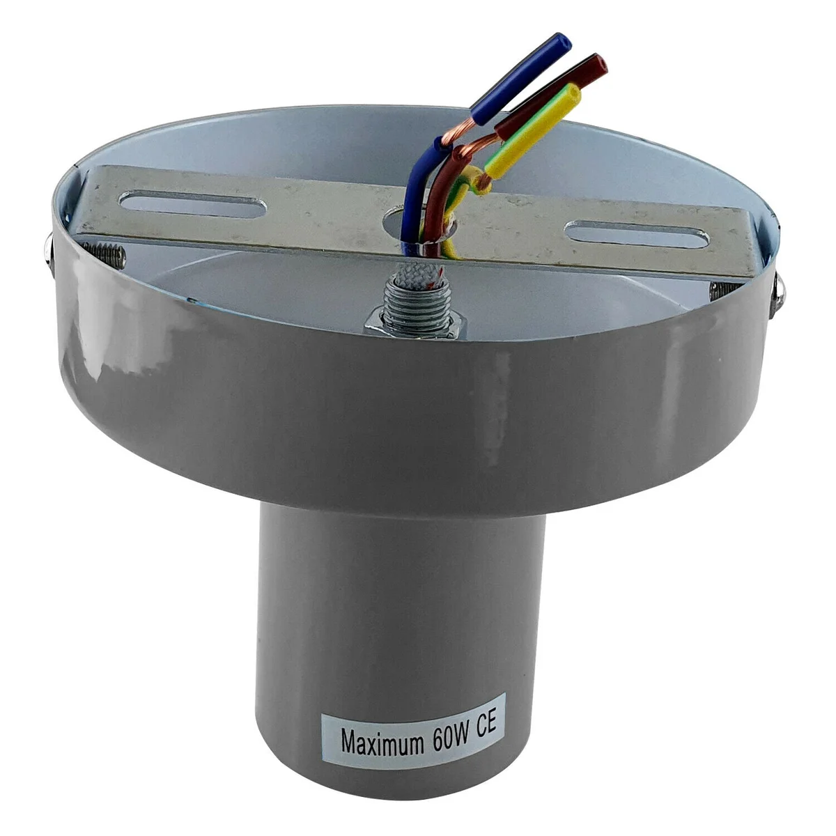 Grey ceiling light flush mount with metal body, E27 base, simple industrial design.