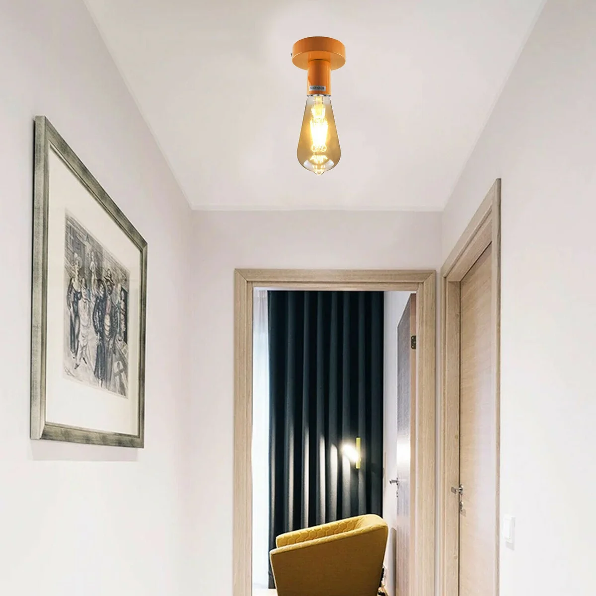 Orange vintage flush mount ceiling light with metal housing, single E27 bulb holder, dimmable LED capable, retro design.