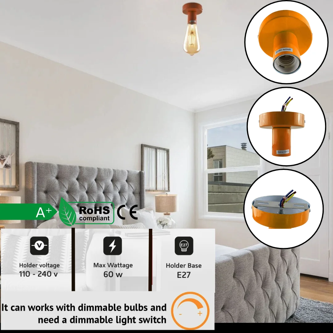 Industrial ceiling light fitting in orange vintage style, flush mount metal design, dimmable with E27 LED support