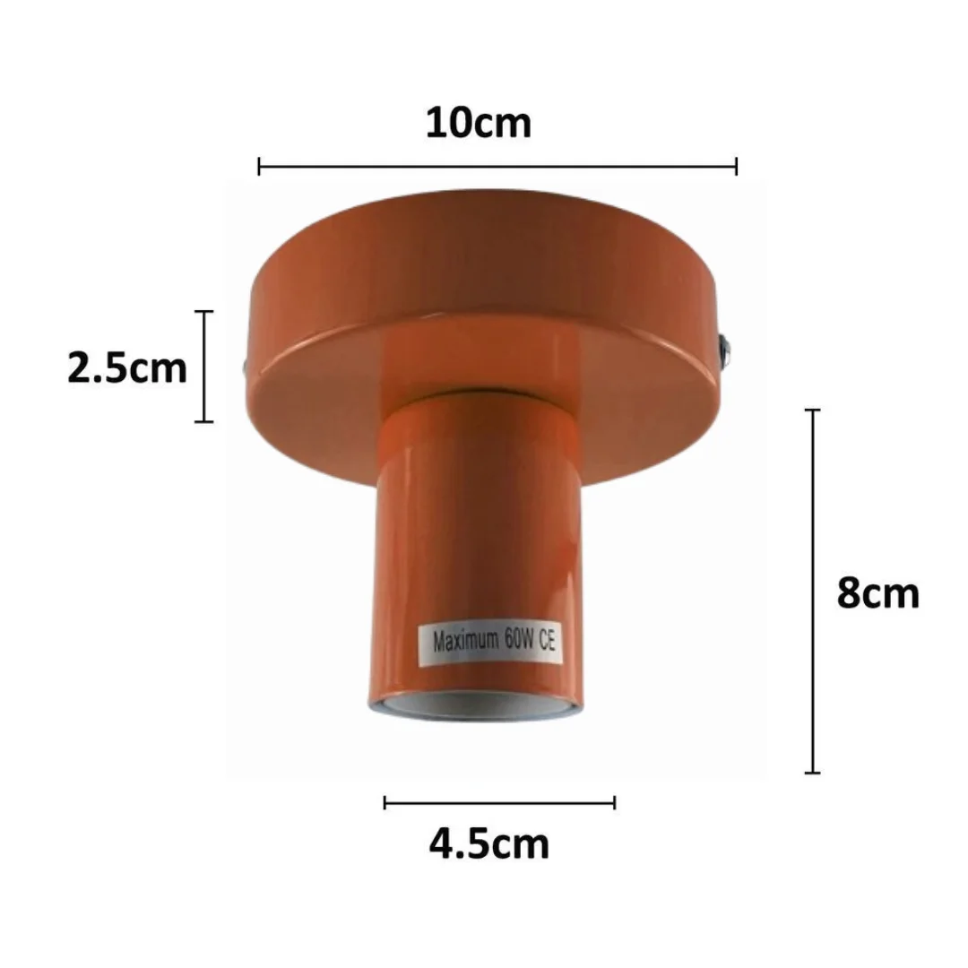 Orange flush‑mount ceiling light, vintage metal design, dimmable E27 spot on low‑level ceiling.