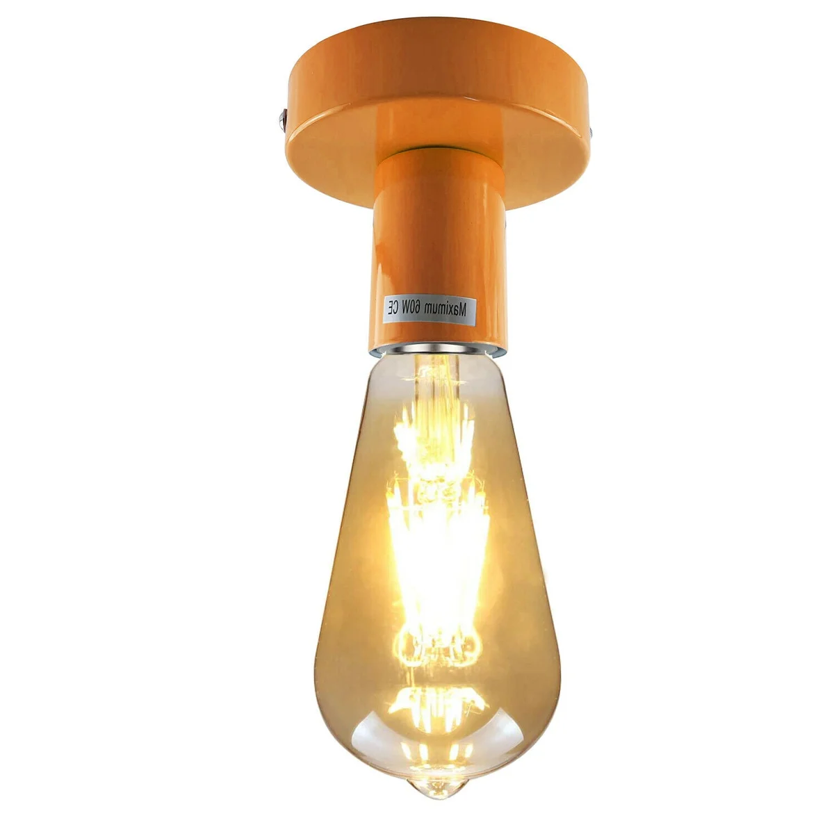Orange vintage dimmable flush mount light fixture, metal construction, ceiling mounted, dimmer‑compatible.