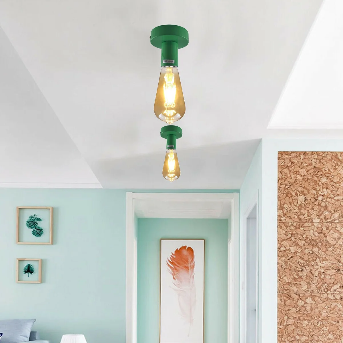 Green ceiling light fixture with E27 base, metal plate, 10cm by 2.5cm, mounted on ceiling