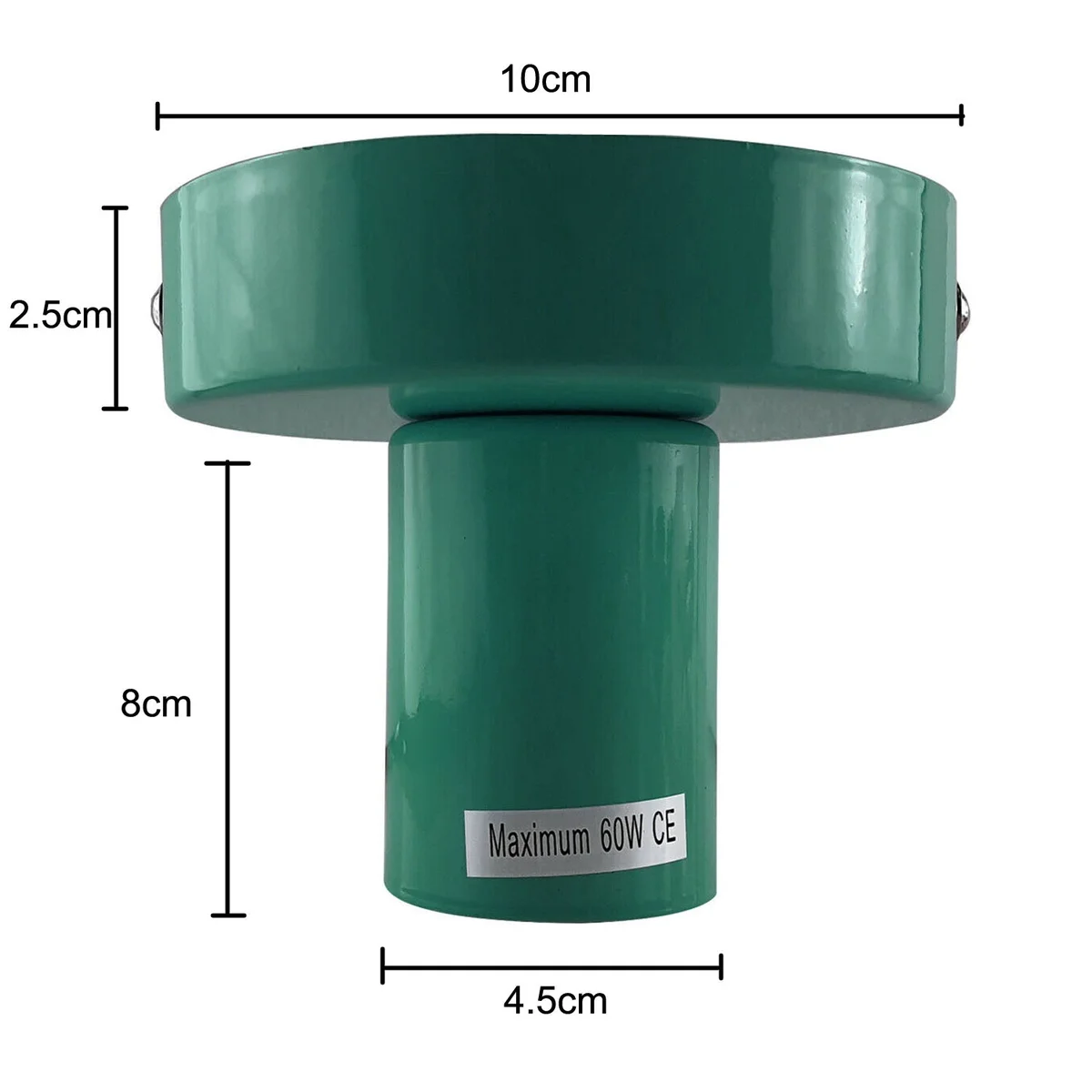 Green flush mount ceiling light fitting with E27 base, metal construction, 10cm by 2.5cm.