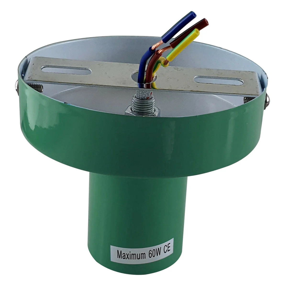 Green flush‑mount indoor ceiling light with a 10cm × 2.5cm metal plate and an E27 lamp base.