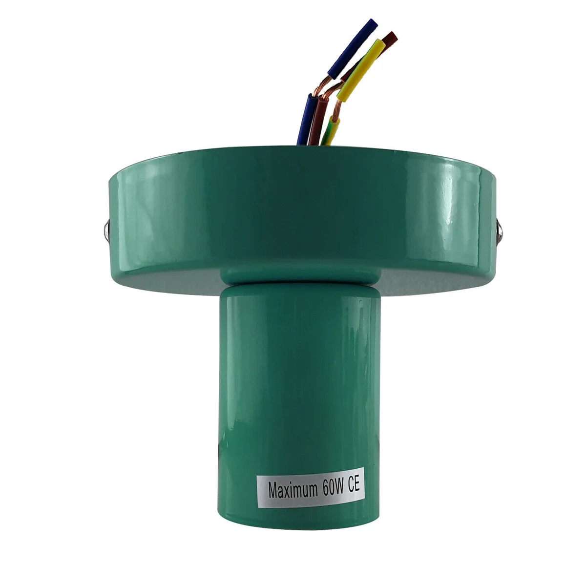 Green flush mount pendant light with metal housing, round LED bracket, E27 base for bulb, suitable for home and cafe lighting.