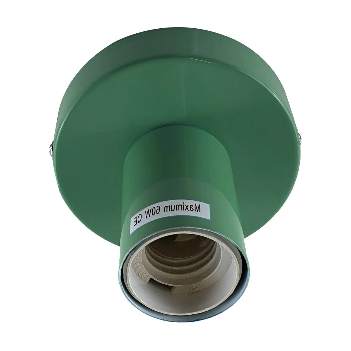 Green floor‑mounted ceiling light with a green metal plate, showing its E27 lamp base and 10 cm by 2.5 cm dimensions.