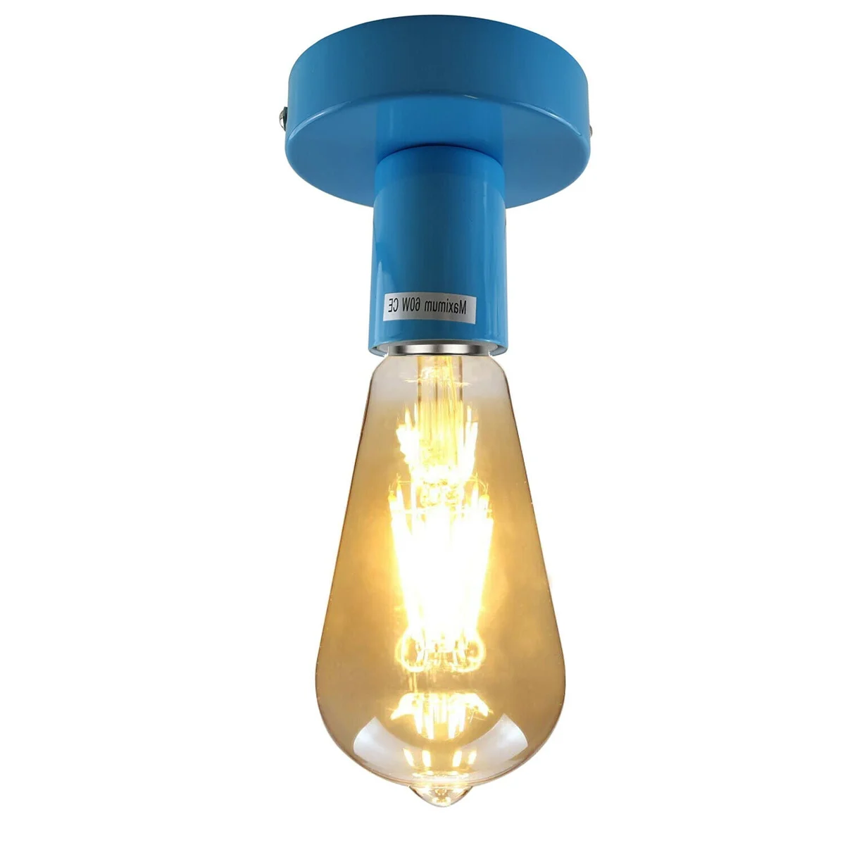 E27 ceiling light fitting: blue vintage flush mount, metal plate 10cm by 2.5cm, E27 base holder 100mm by 25mm.