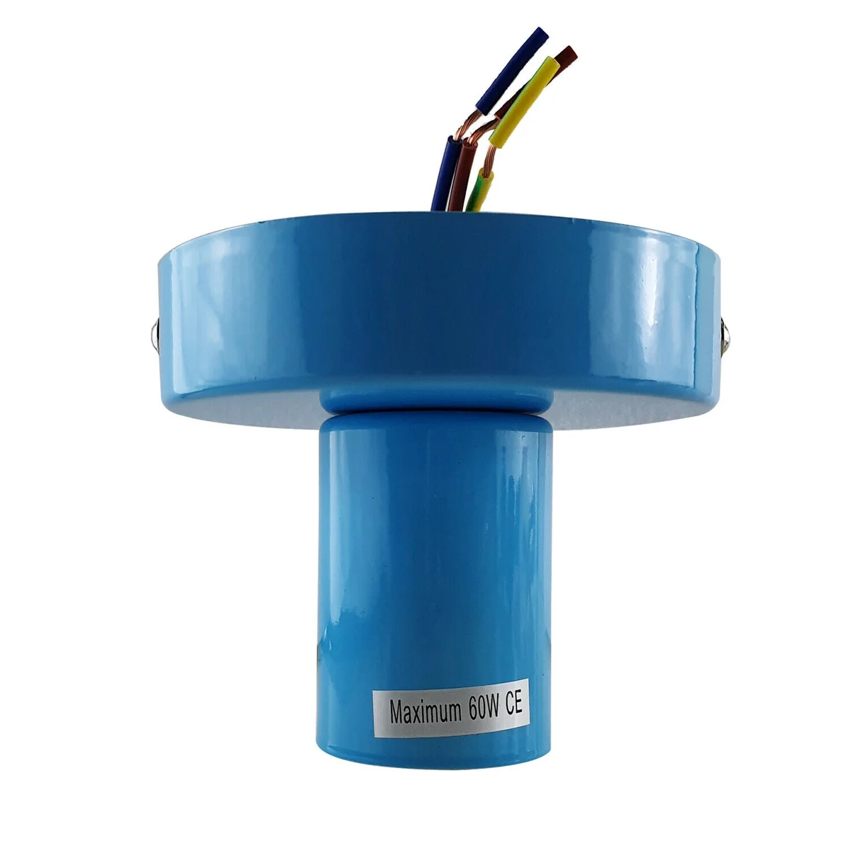 blue ceiling lamp with flush mount design, clear metal housing and E27 socket showing empty bulb cavity.