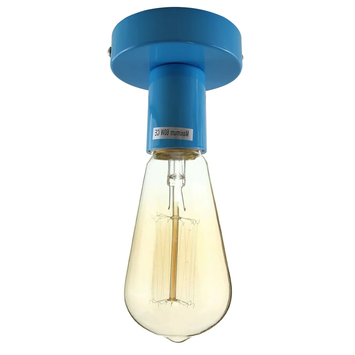 Blue flush mount ceiling light with metal plate (10cm × 2.5cm) and E27 socket in a ceiling fixture.