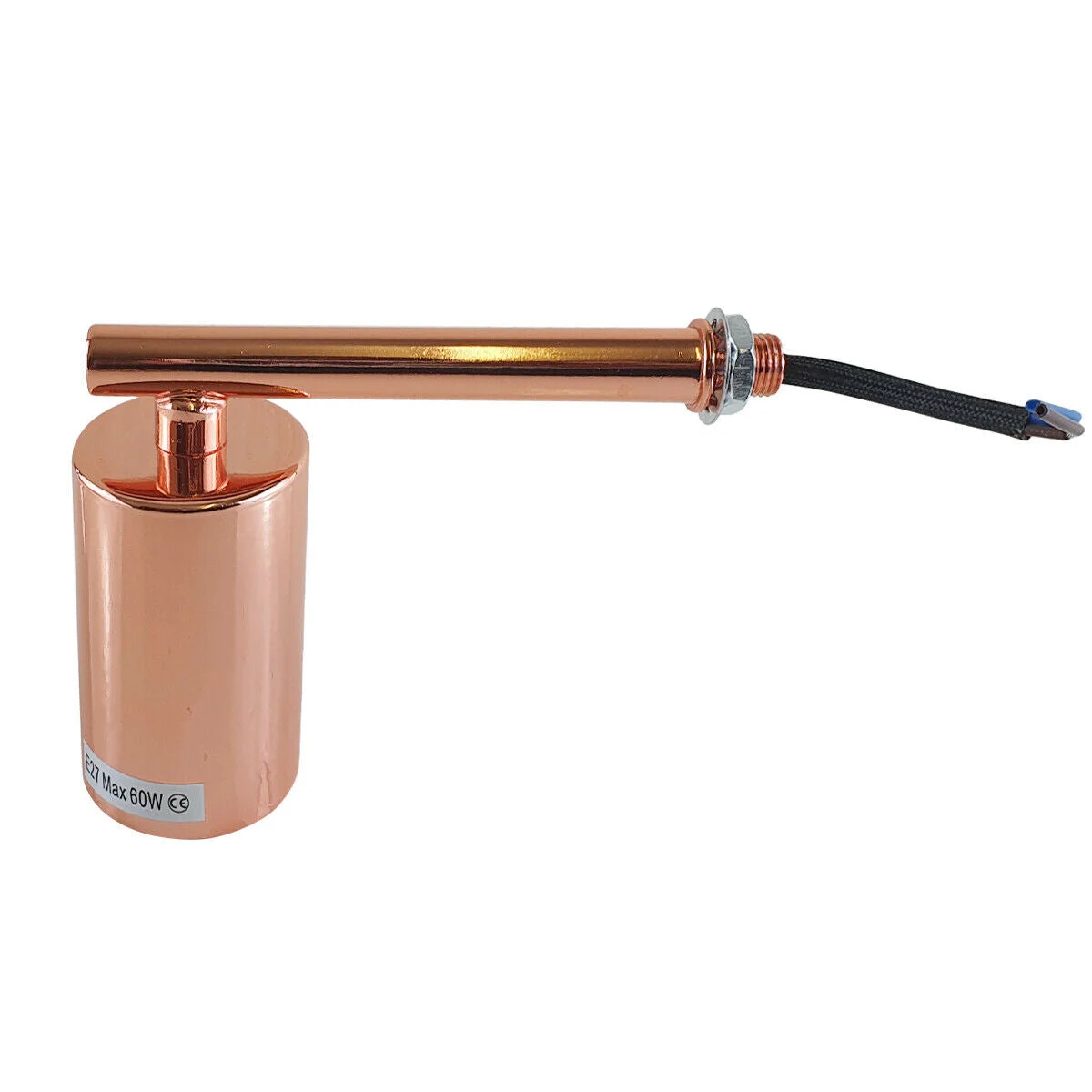 Rose gold metal wall light sconce, 10.5cm arm, 10.8cm ceiling plate, white hood, E27 lamp base.