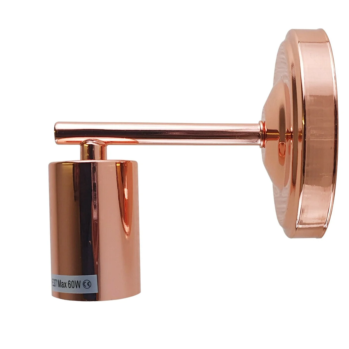 Rose gold wall light with metal sconce, 10.8 cm ceiling plate, 10.5 cm arm, white interior hood, E27 base.