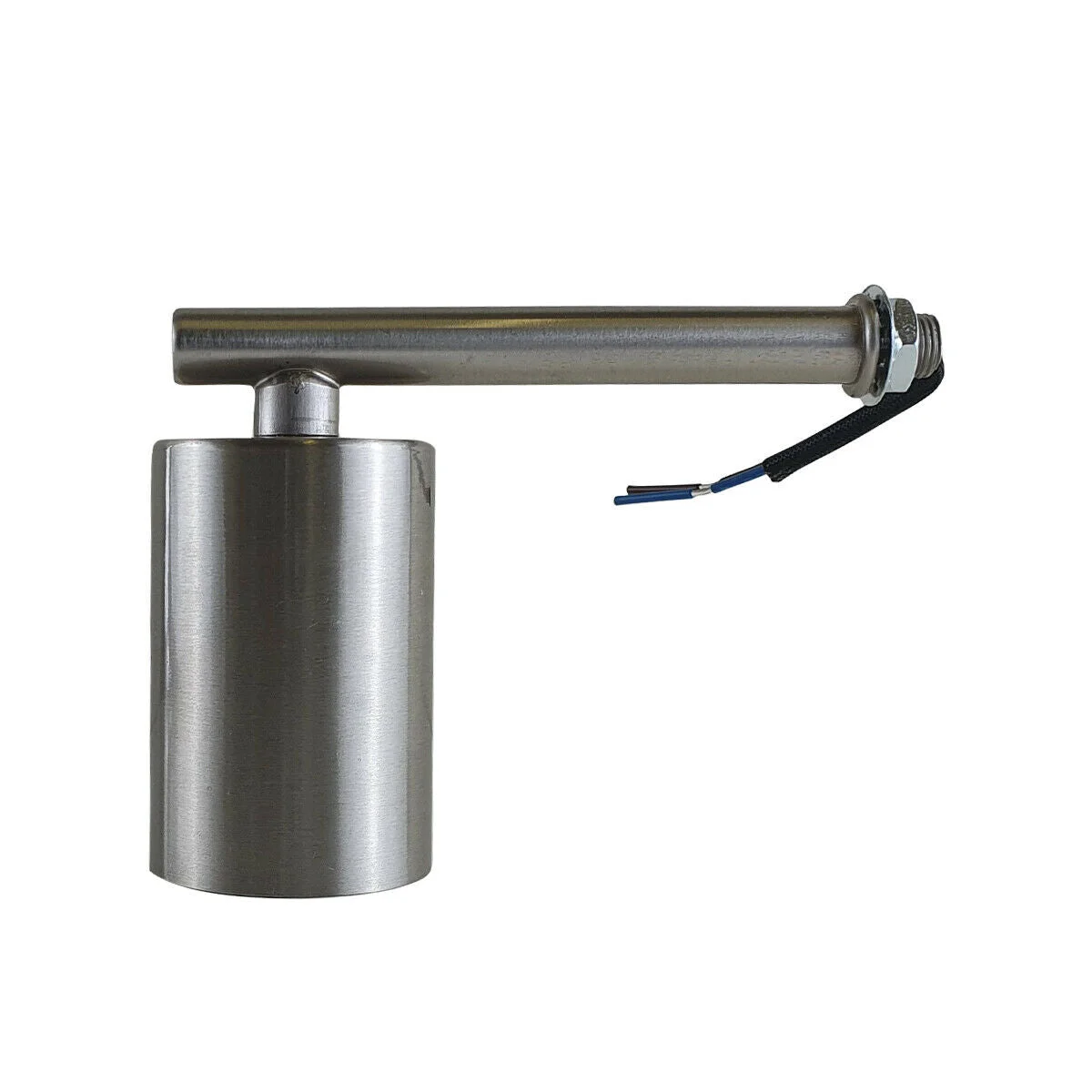 Satin nickel wall lamp with industrial vintage design, metal body, white interior hood, hanging from wall on sleek arm.