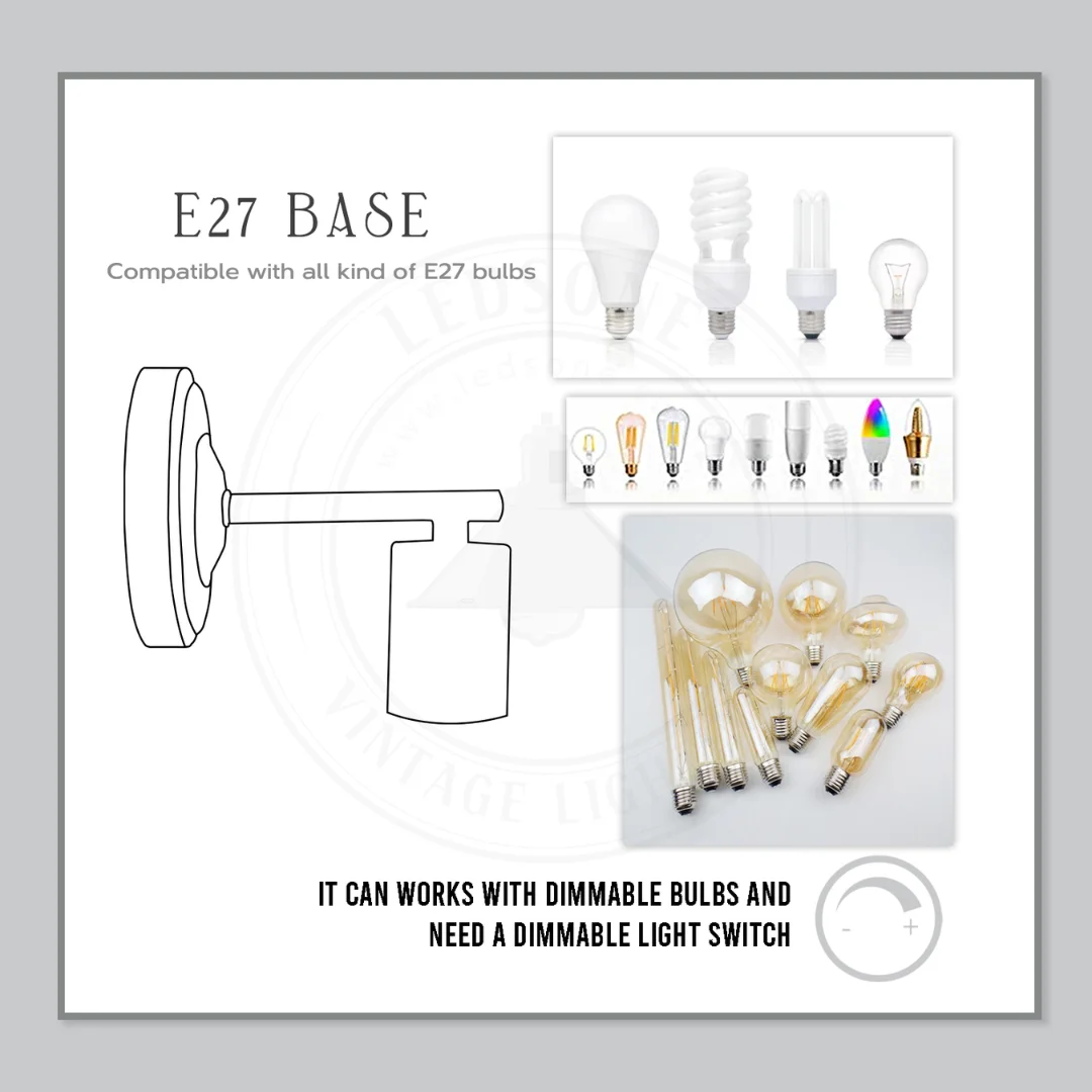Yellow brass industrial wall light with cylindrical shade, metal frame, E27 socket, wall mounting plate visible