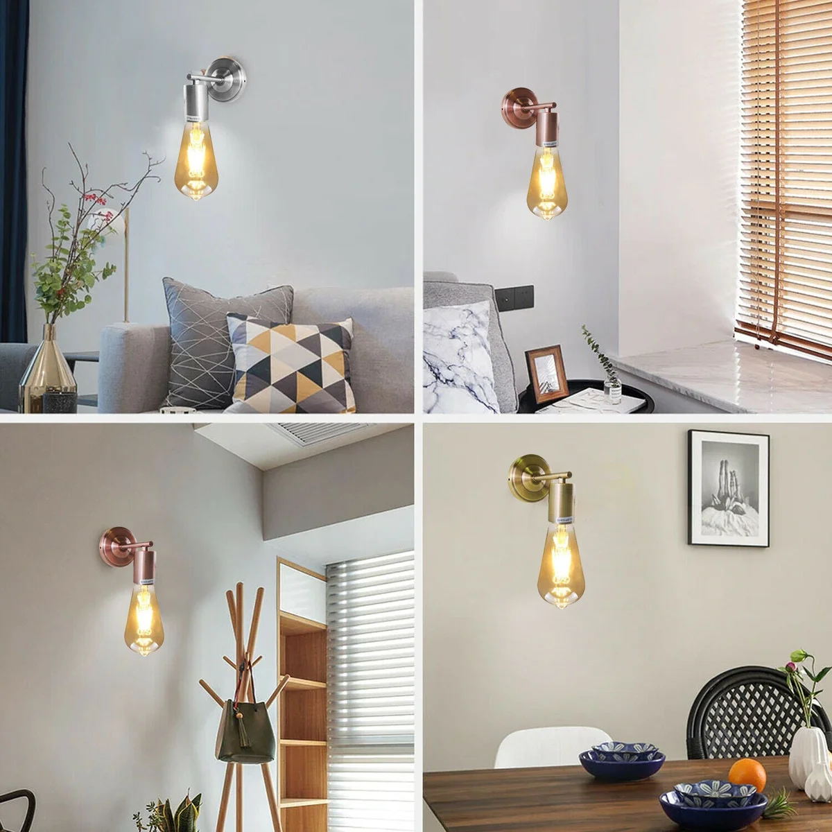 Copper vintage industrial wall light with metal sconce, slim arm and ceiling plate, suitable for modern interior.