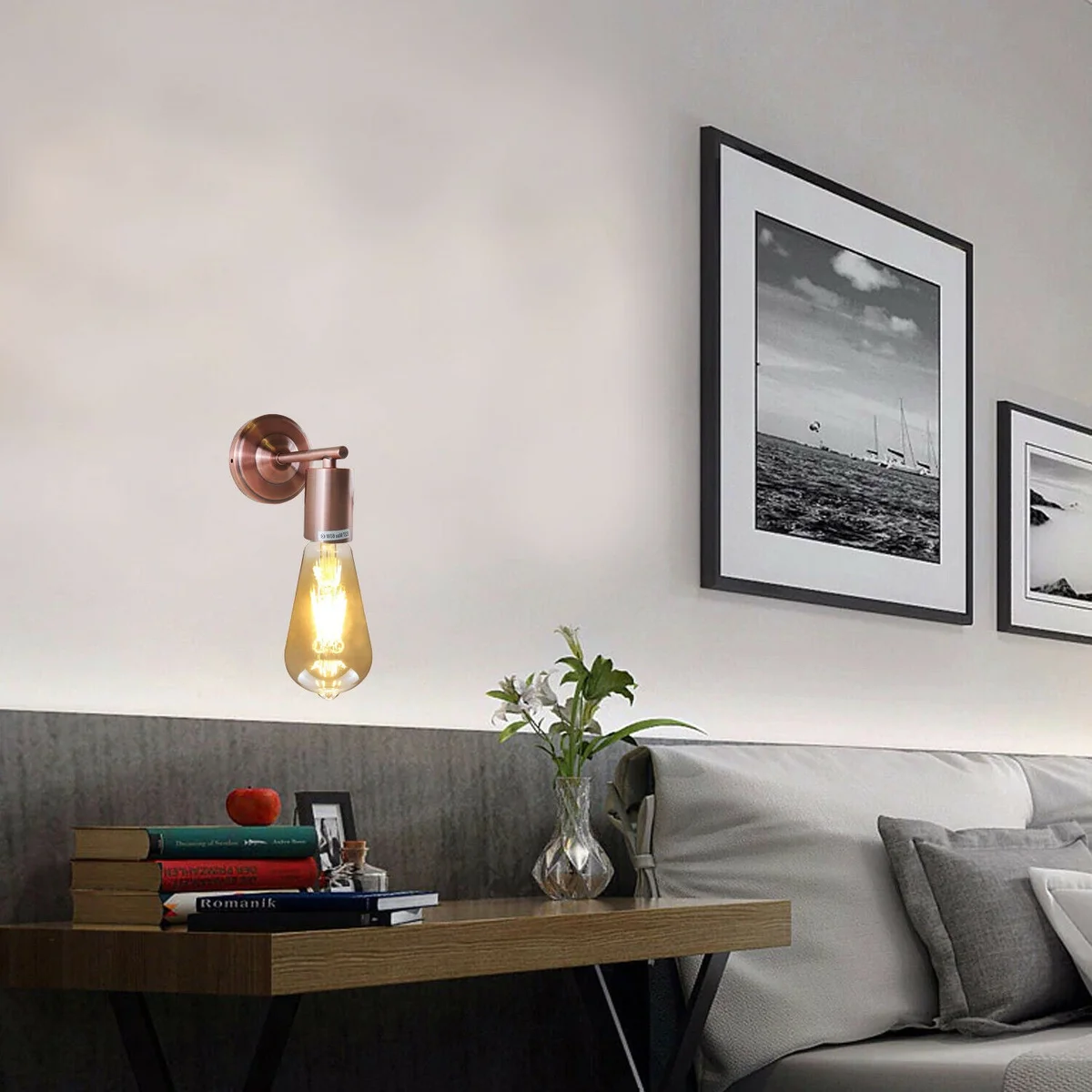 Retro metallic sconce in copper with white hood interior, 10.5cm arm, 10.8cm ceiling plate