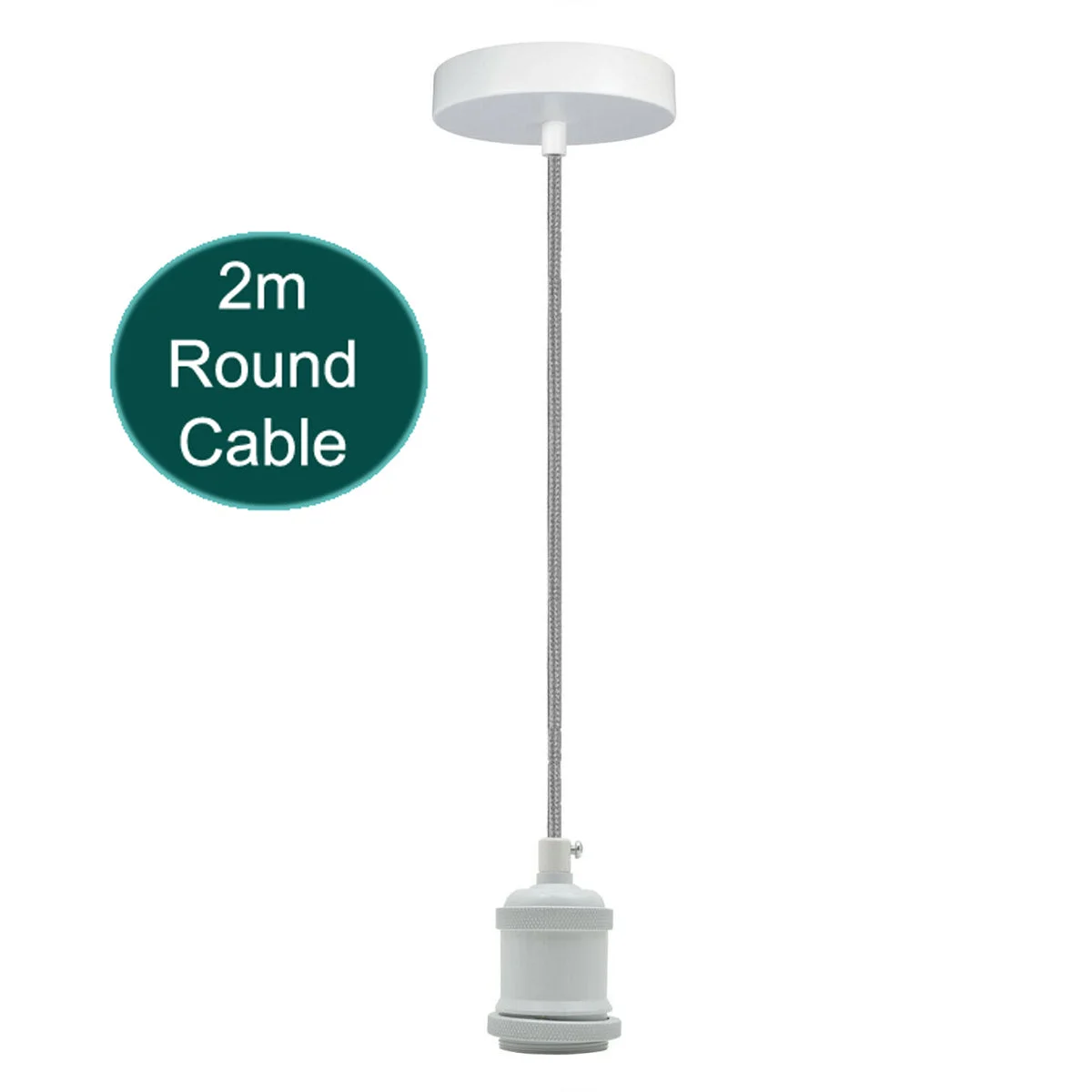 E27 pendant light fitting: metal round base with 200cm cable, vintage style, no bulb shown, exposed E27 socket