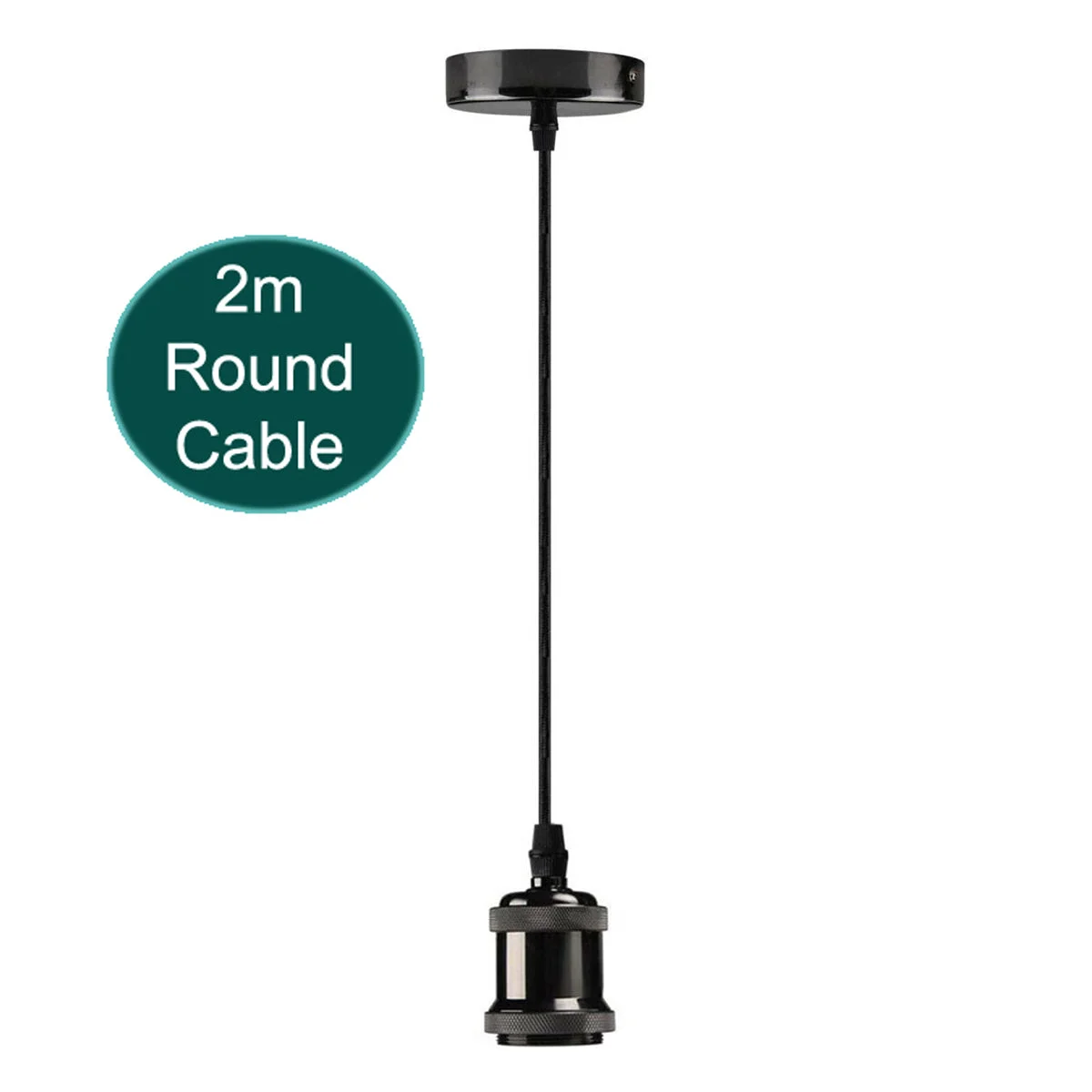 E27 pendant light fitting with metal base and 200 cm round cable, ready to mount on a ceiling.