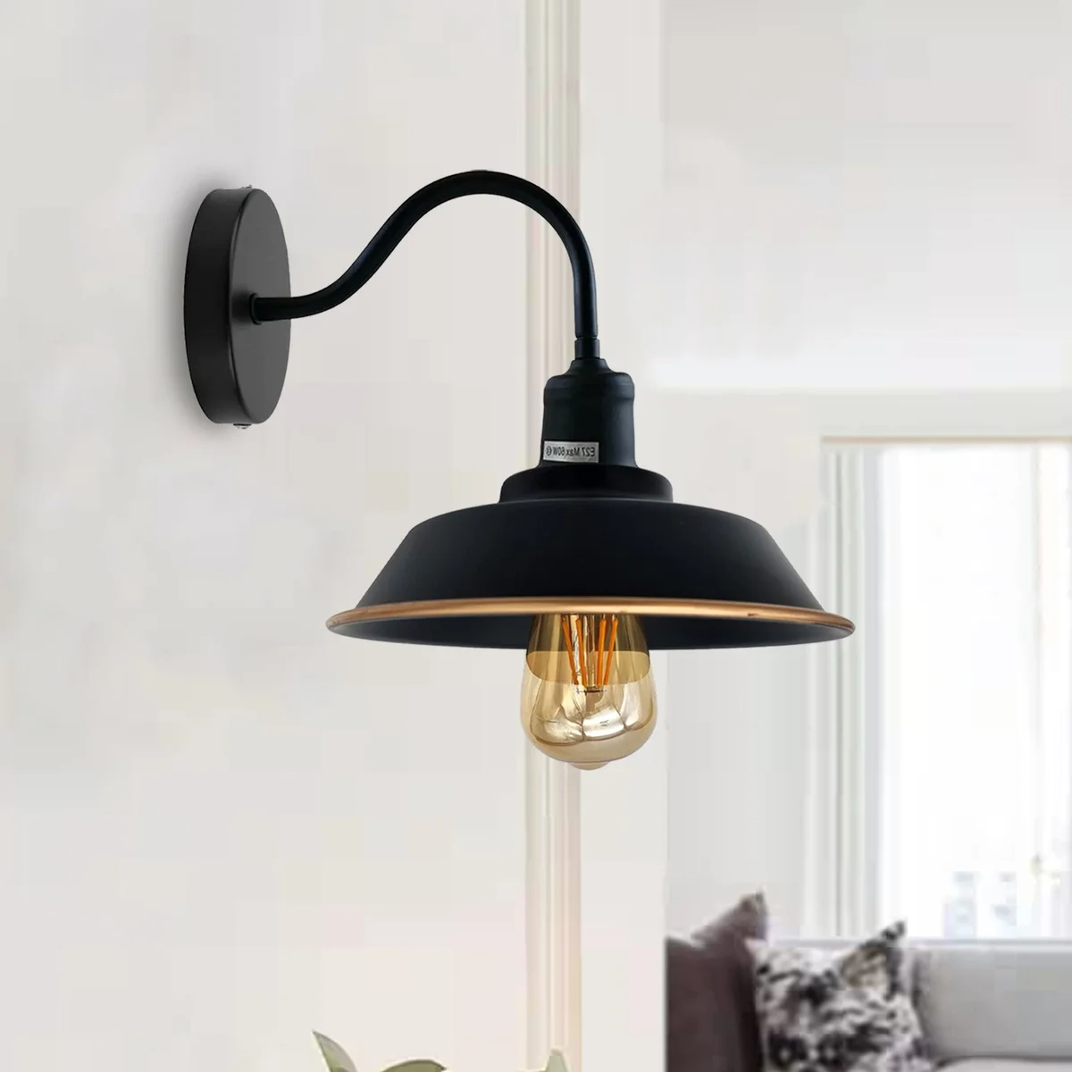 Retro gooseneck wall light with metal cone shade and adjustable arm, black metal finish, 22 cm wide, 18 cm tall