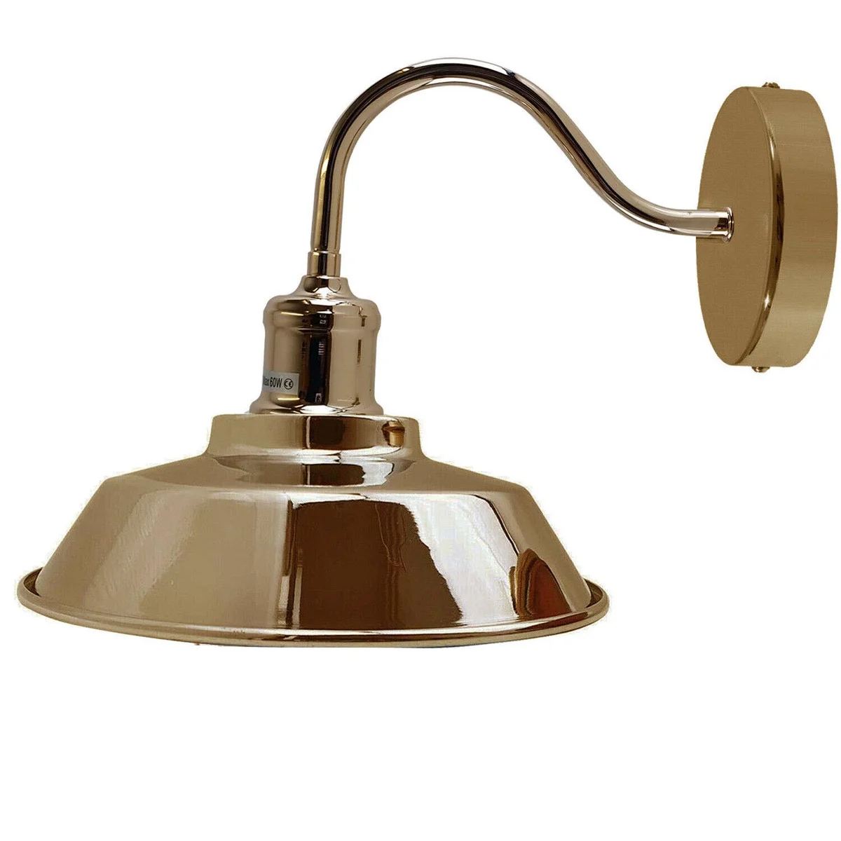 Vintage industrial metal wall light with curved metal arm, matte finish and white porcelain dome shade.