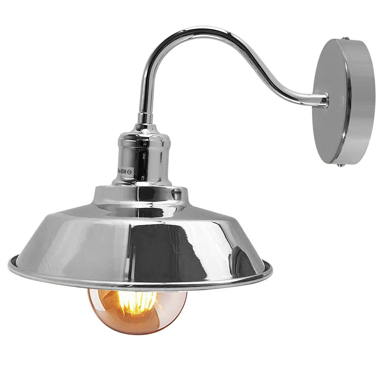 Vintage industrial wall sconce with matte metal bowl shade, white interior, E27 holder, curved arm – popular bowl shade wall lamp