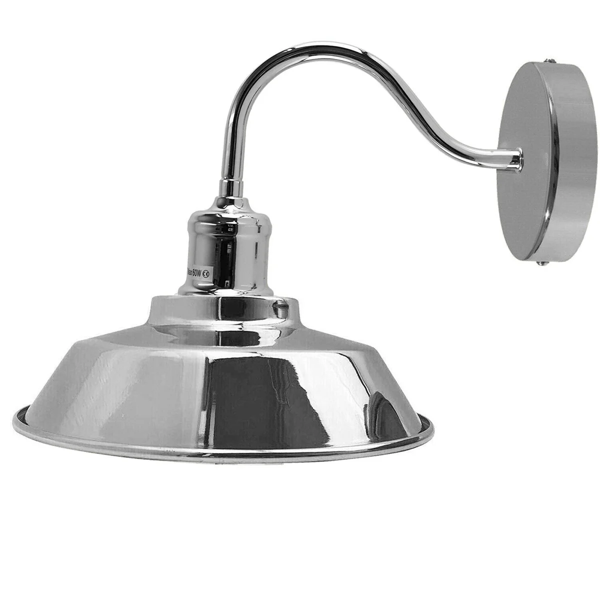 Chrome vintage industrial wall lamp with matte finish, curved metal arm and white bowl shade, E27 holder