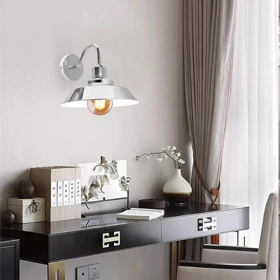 Vintage industrial wall sconce with matte metal exterior, white interior shade, curved metal arm, E27 socket.