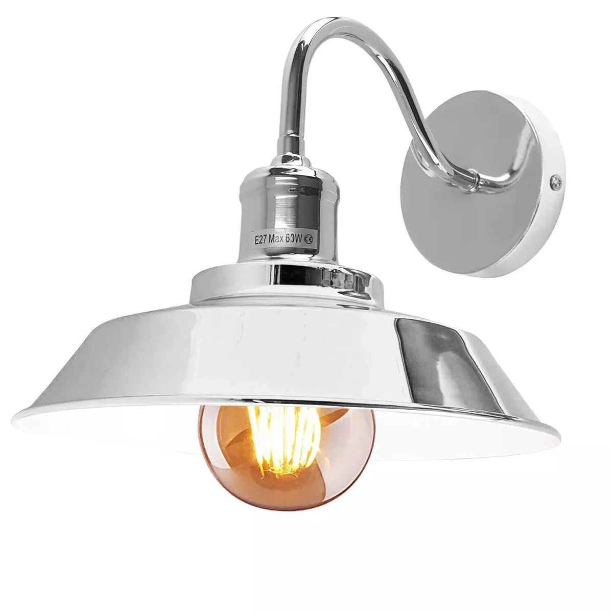 Vintage industrial wall sconce in chrome finish, metal exterior with white interior bowl shade, hanging with curved arm.